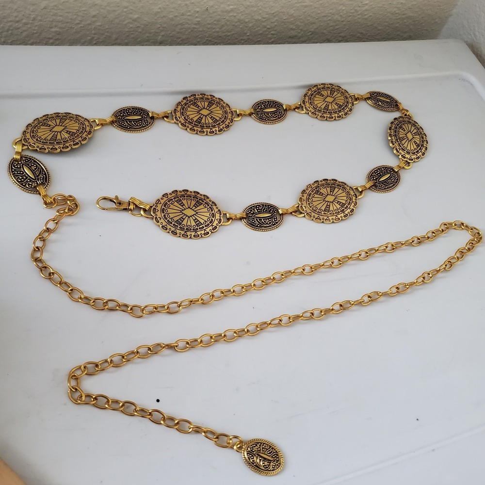 Gold Concho Chain Belt Western Boho Adjustable Medallion Waist Belt XXL 150cm